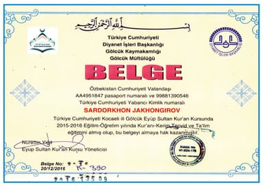 Qur’oni Karim va tajvid ta'limi bo'yicha sertifikat. Turkiya